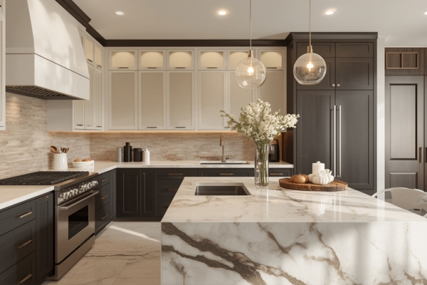 Modern kitchen with deep charcoal base cabinets, cream uppers, warm tile backsplash, and a waterfall marble island.