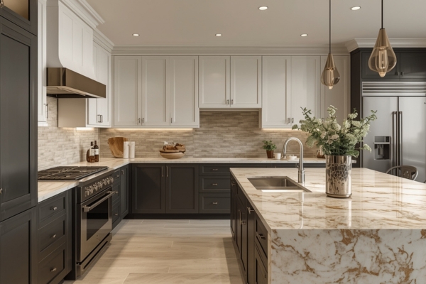 Modern kitchen with deep charcoal base cabinets, white upper cabinets, marble island, and warm metallic accents.