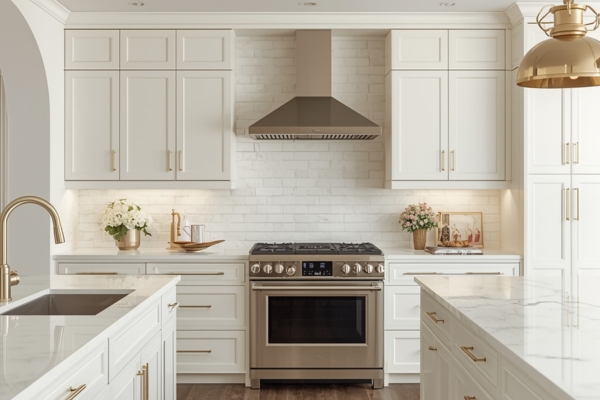 Kitchen with creamy white cabinets, gold hardware, and marble-style countertops, showing one of the best cabinet color choices for resale in 2025.