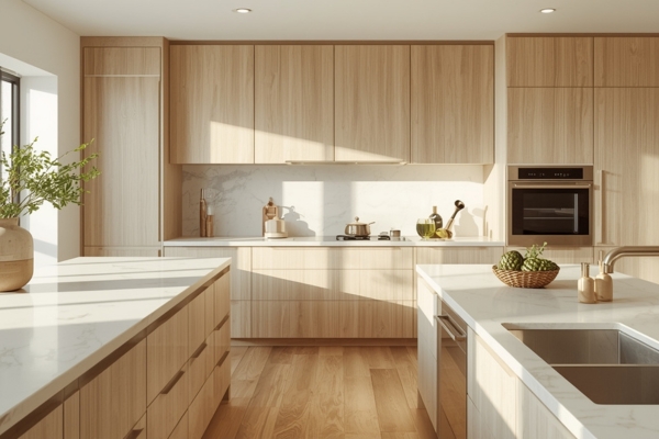 Modern kitchen featuring light oak cabinets, white countertops, and warm natural light.