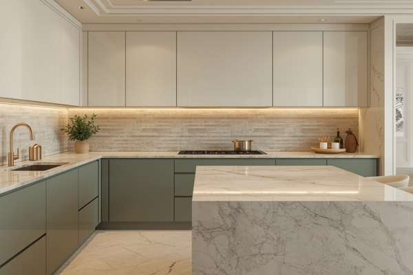 Contemporary two-tone kitchen with muted sage base cabinets, glossy cream uppers, marble island, textured backsplash, and soft warm lighting.
