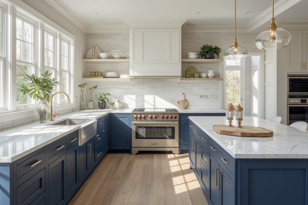 Two-tone kitchen with navy lower cabinets, white uppers, and brass hardware, showing one of the best cabinet color combinations for resale in 2025.