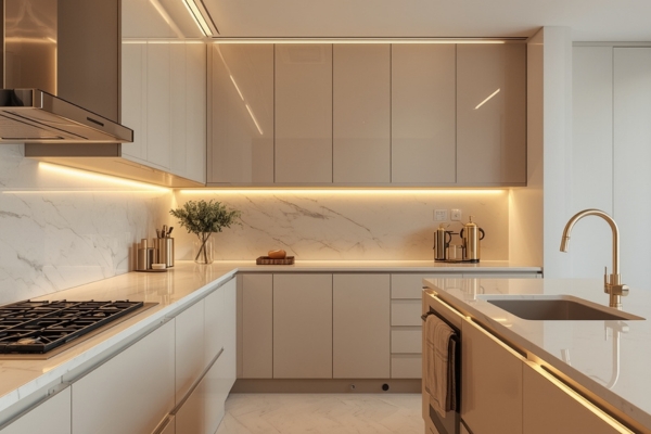 Contemporary kitchen with warm LED under-cabinet lights, glossy cabinetry, marble backsplash, and brass fixtures.