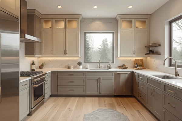 Modern kitchen featuring layered warm gray cabinets, stainless appliances, and marble-style countertops.