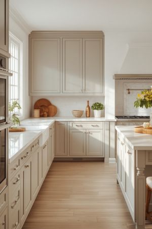 Bright, airy kitchen with warm gray cabinets, marble-style counters, and natural accents in a neutral palette.