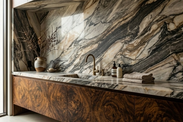Burl wood vanity with stone